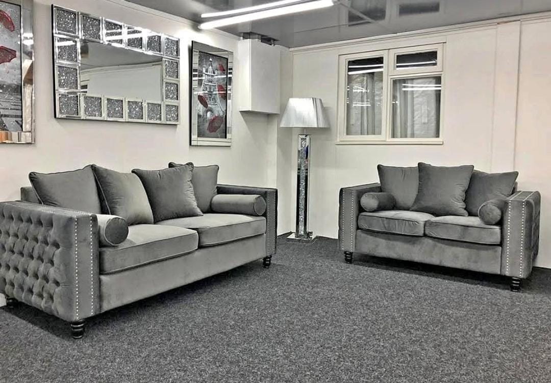 Luxury Grey Velvet Chesterfield 3+2 Sofa Set – Deep Button Arms | UK Delivery