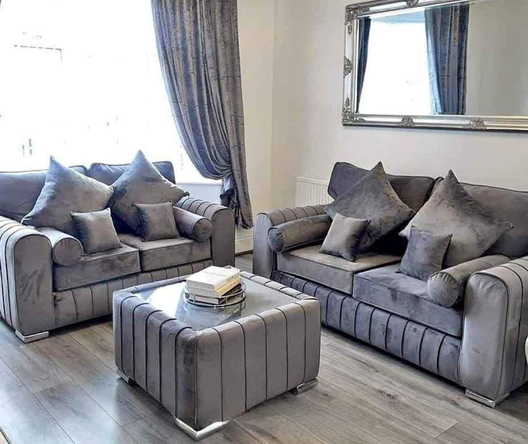 Luxury Grey Velvet Chesterfield 3+2 Sofa Set – Deep Button Arms | UK Delivery